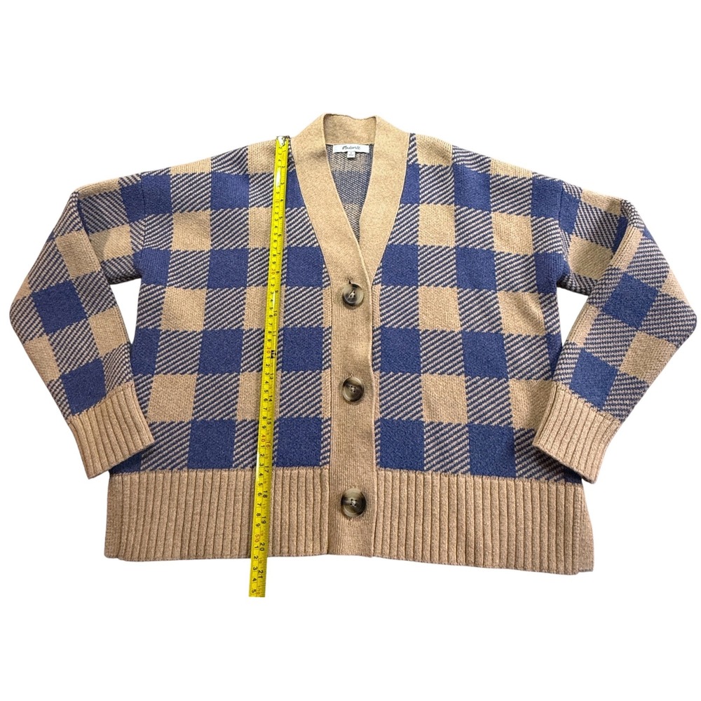 Madewell Women Blue Tan Buffalo Check Plaid V-Neck Button Cardigan Sweater Small - Picture 3 of 6